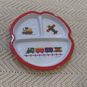 Peco Child's Melamine Divided Plate Train Boats Airplanes VTG 1984 Primary Color
